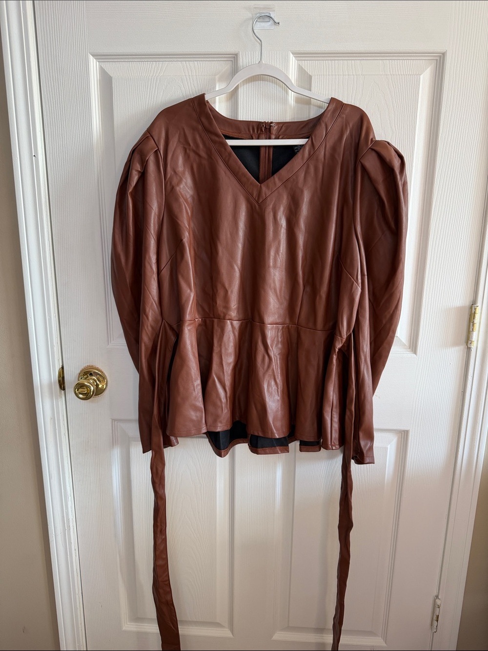 Ashley Stewart Brown Faux Leather V-Neck Peplum Jacket with Waist Ties